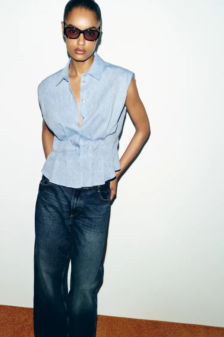 LINEN BLEND DARTED TOP