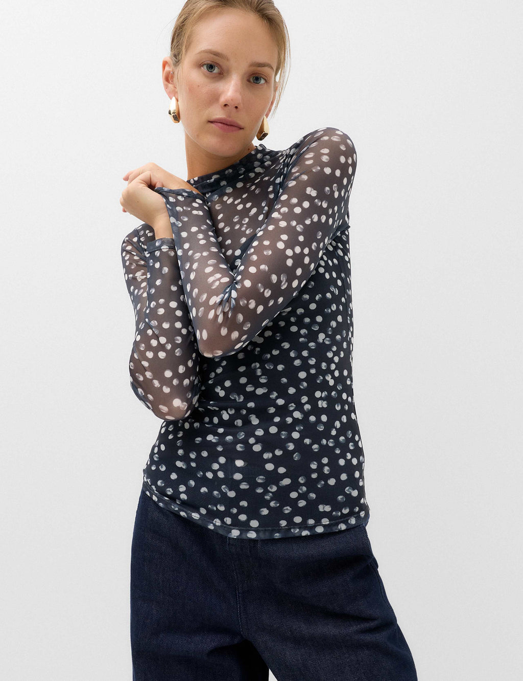 M&S mesh jersey polka dot high-neck fitted top in Black Mix