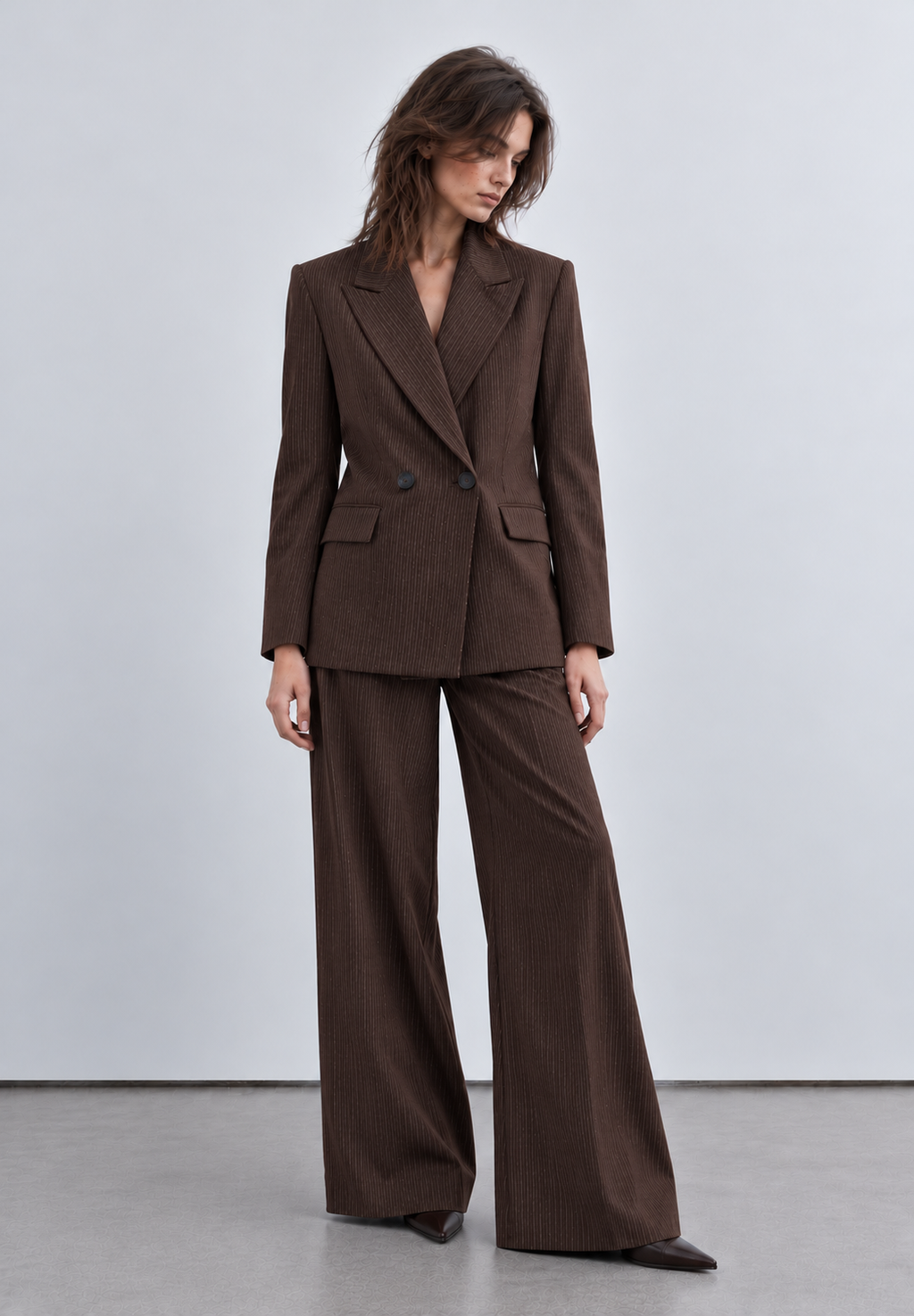 Dark Brown Pinstripe Double-Breasted Blazer & Wide-Leg Trousers Set