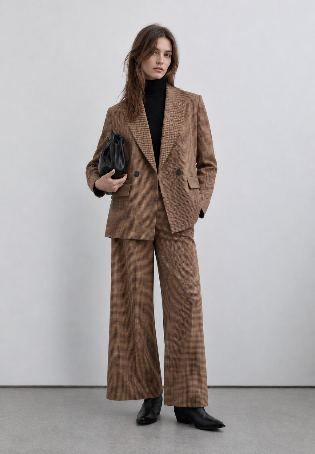 Breasted Houndstooth Blazer & Wide-Leg Trousers Set – Camel