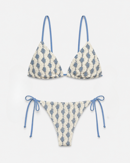 BIKINI TRIANGLE TEXTURÉ BLEU & ÉCRU