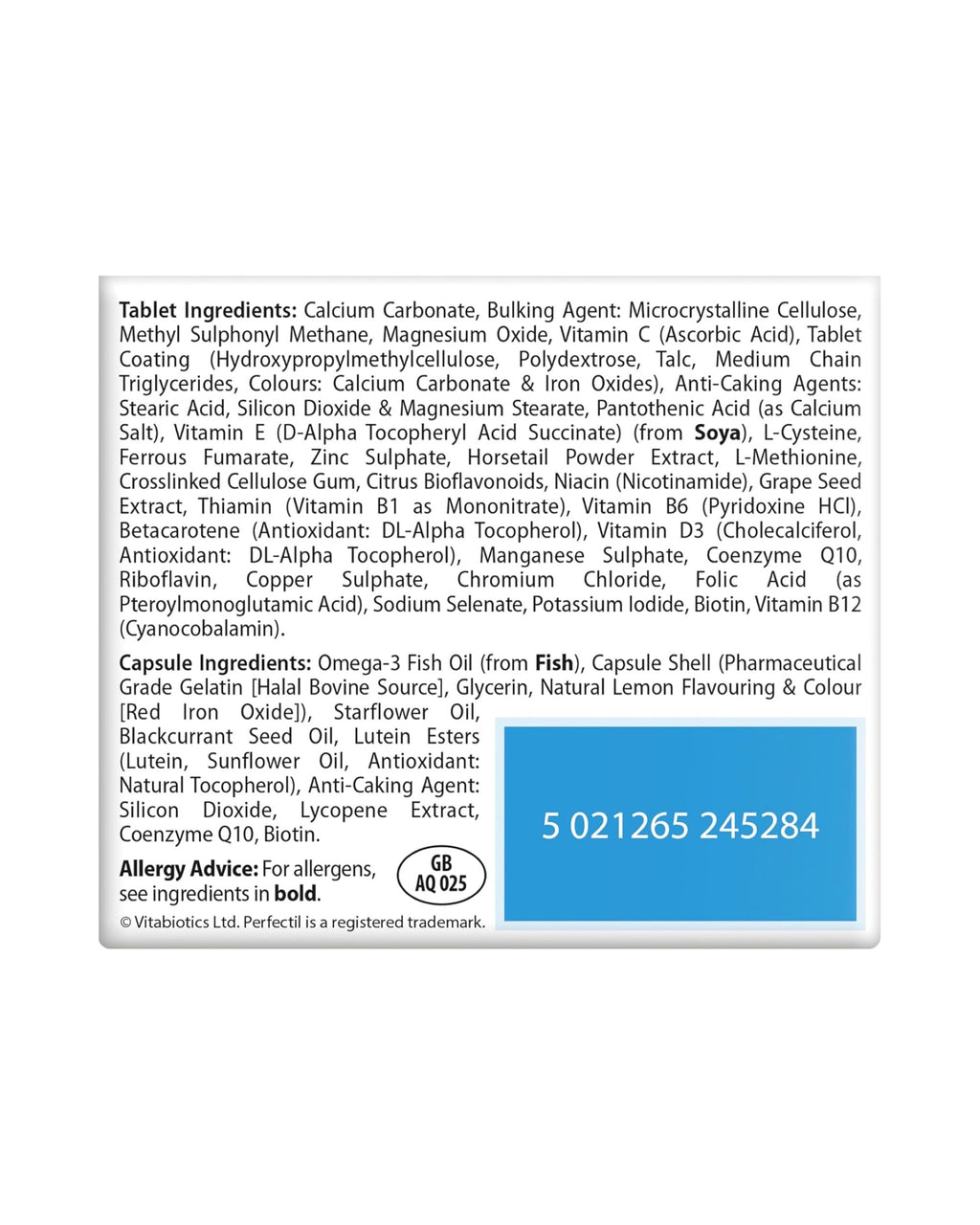 Perfectil Max Vitabiotics – ingrédients et code-barres