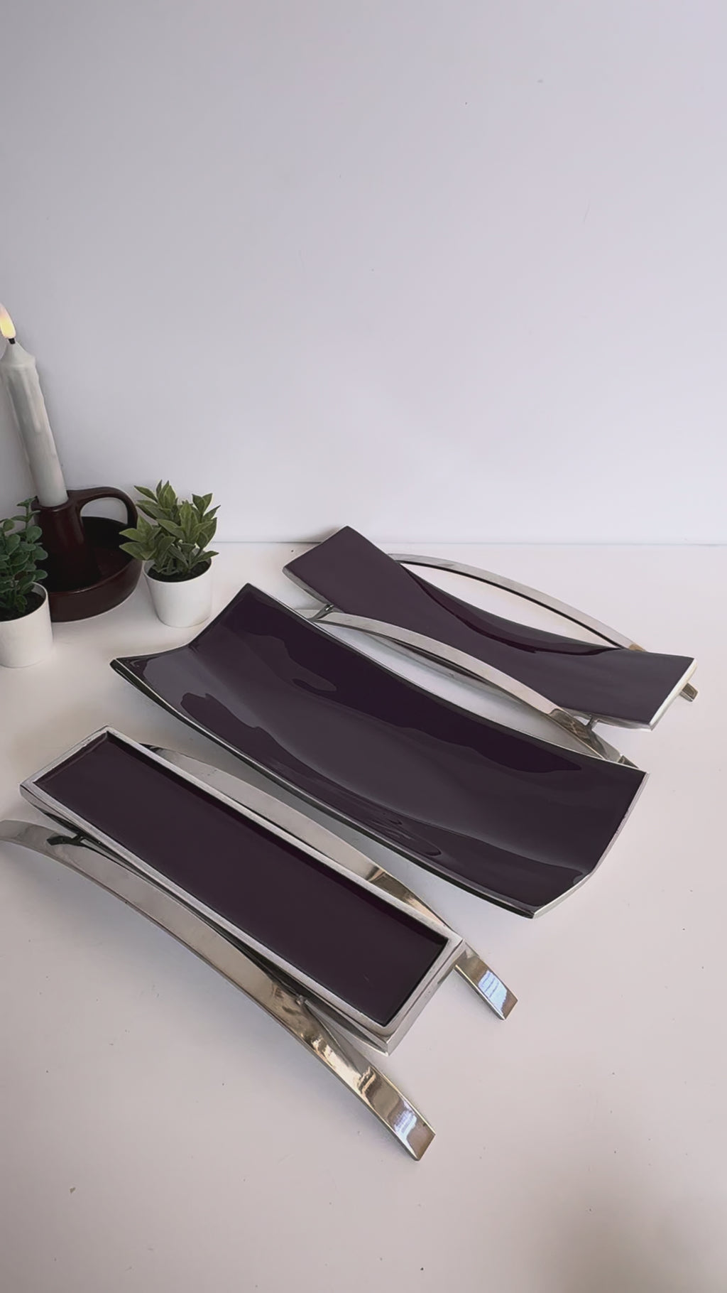 ELEGANT SERVING TRAY SET – PURPLE GLASS & SILVER FINISH