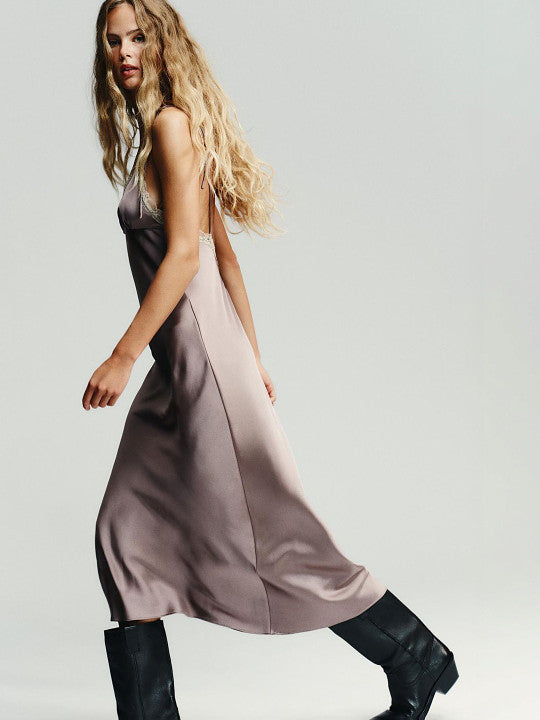 SATIN LACE MIDI DRESS