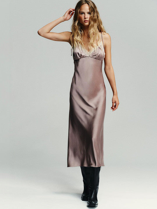 SATIN LACE MIDI DRESS