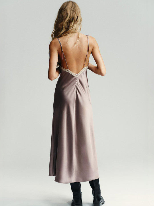 SATIN LACE MIDI DRESS