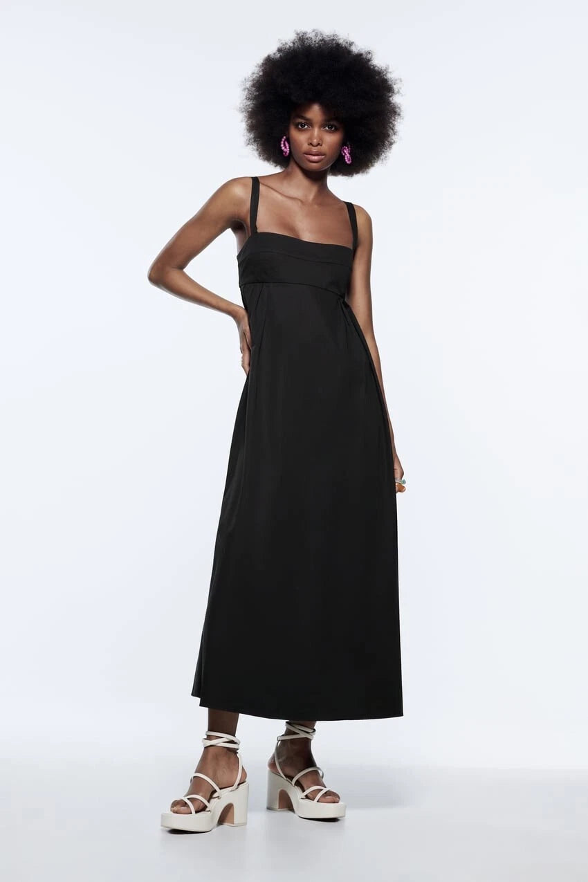 [X6] COTTON POPLIN MIDI/MAXI DRESS | BLACK