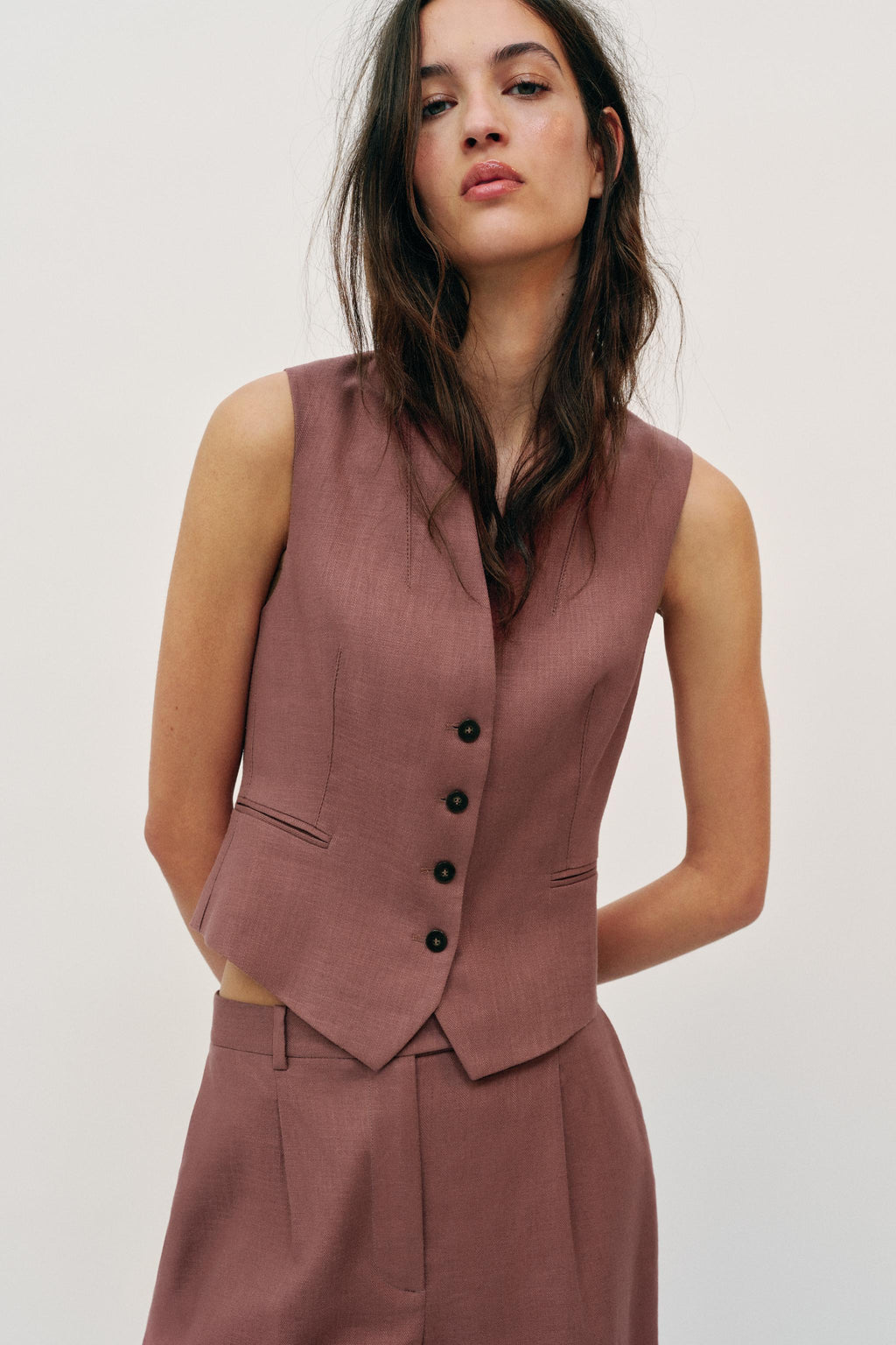 Gilet Zara en mélange de lin rose marsala — vendu seul