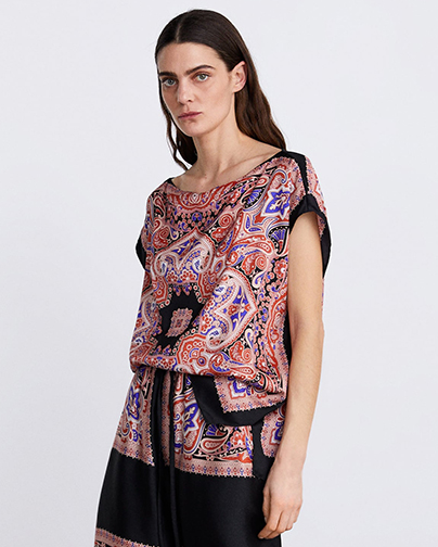 PAISLEY PRINTED BOAT NECK FLOWY TOP BLOUSE